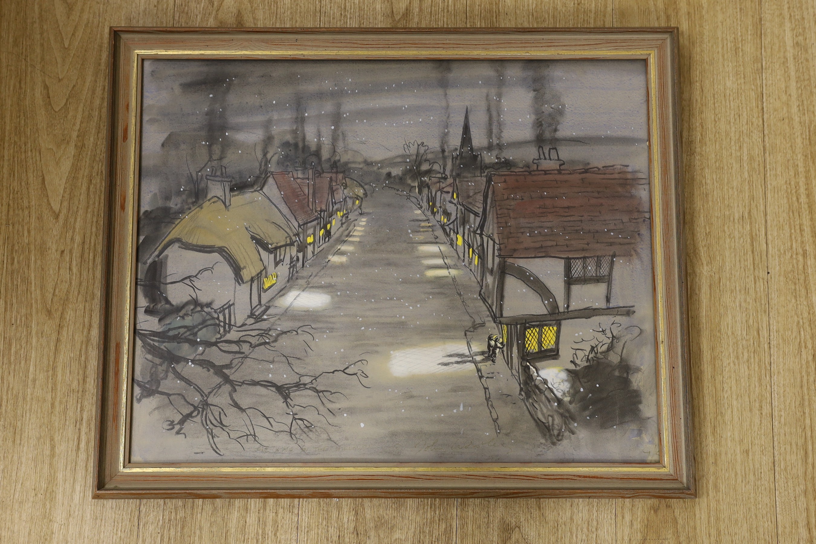 John Worsley (1919-2000), mixed media on paper, Original storyboard for Anglian Television series of The Wind in the Willows, street scene with Mole and Ratty looking in through a window, signed, 48 x 60cm